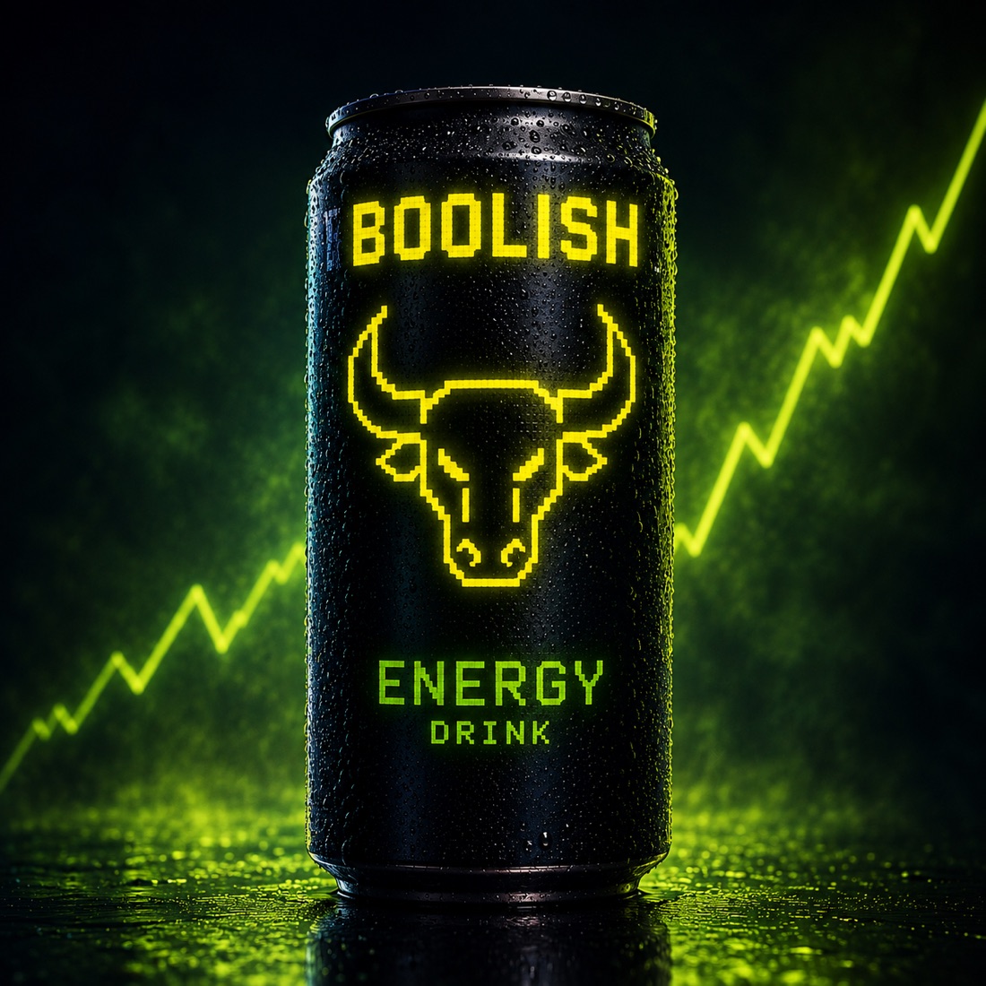 Black Boolish energy drink can with a yellow pixel bull, lit by neon green light